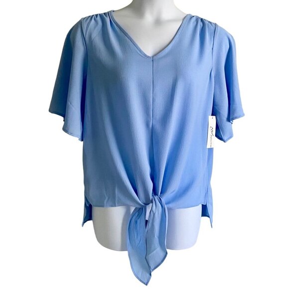 NY Collection Women's Elbow Sleeve V Neck Tie Front Blue Top Large NEW NWT - Picture 2 of 11